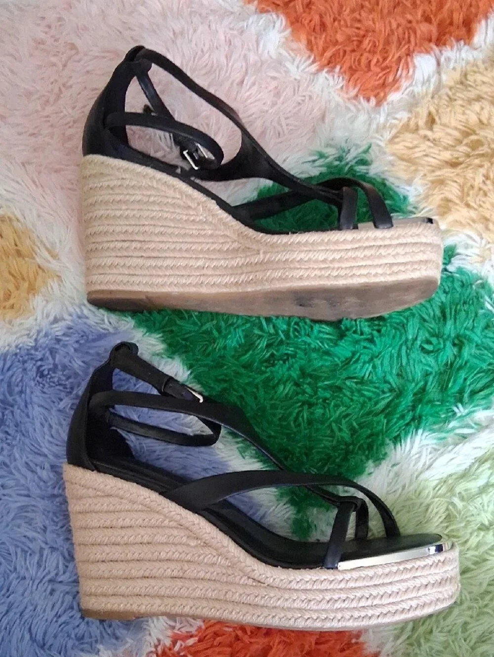 DKNY Black Strappy Wedge Sandals with Espadrille Sole